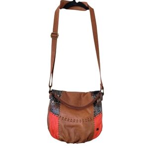 The Sak Deena Flap Crossbody Bag Leather Multi Patchwork Feather Print Boho Purs